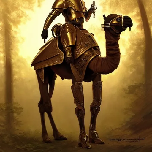 Image similar to photo of a humanoid camel dressed in armor with a golden helmet on the head, hold sword in the forest, highly detailed, digital painting, artstation, smooth, sharp focus, illustration, art by artgerm and greg rutkowski and alphonse mucha