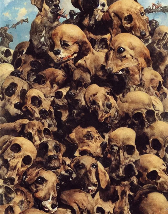 Image similar to Dachshund on top of a pile of human skulls, painting by Frank Frazetta