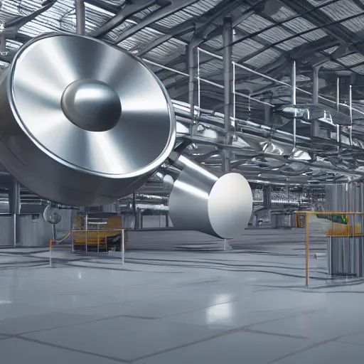 Image similar to big metallic capsule connected to pipelines, purpose is pump, standing in large industrial hall, designed by best engineers, raytracing, reflections