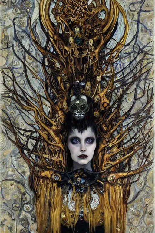 Image similar to The Queen of Bones by Karol Bak, Jean Deville, Gustav Klimt, and Vincent Van Gogh, portrait of a majestic demonic queen, vampiress, jade green cat eyes on fire, mystic eye, otherworldly, crown made of bones, antlers, horns, ornate jeweled crown, skull, fractal structures, arcane, inferno, inscribed runes, infernal relics, ornate gilded medieval icon, third eye, spirals, rich deep moody colors