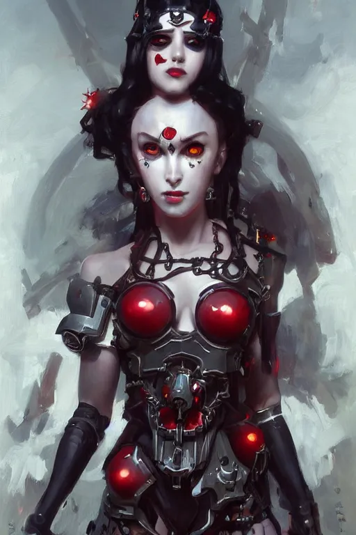 Image similar to Portrait of beautiful pale smiling cyborg goth anime maiden in bikini armor with crown of thorns and glowing red eyes, steampunc, Warhammer 40000, digital art from artstation by Ruan Jia and Mandy Jurgens and Artgerm and william-adolphe bouguereau