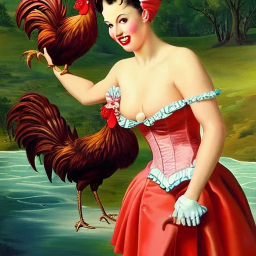 Prompt: woman dressed in pin up style walks with huge rooster by greg hildebrandt fancy rococo baroque regal oil painting high quality clothed in fancy garb