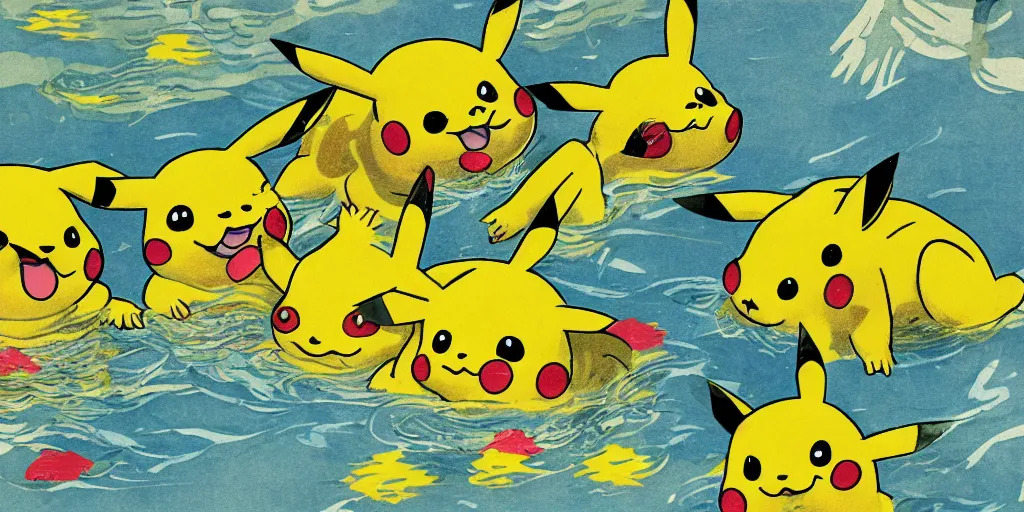 Prompt: a flat illustration of several pikachus swimming in a wide pool together, vaudevillian, from 1890, nostalgic, detailed, vignette, high quality scan, yellow and green