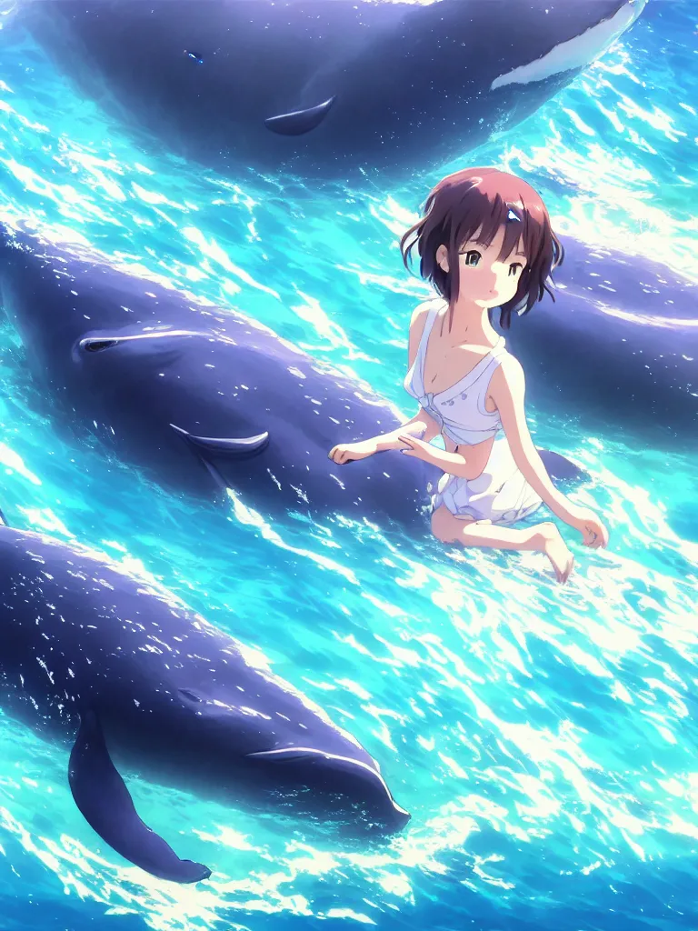 Image similar to a panorama view under the water, anime art full body portrait character concept art, hyper detailed cg rendering of a cute girl and whale, anime key visual of children of the sea, finely detailed perfect face, style of raphael lacoste, makoto shinkai, violet evergarden, studio ghibli, james jean, hayao miyazaki, extremely high quality artwork