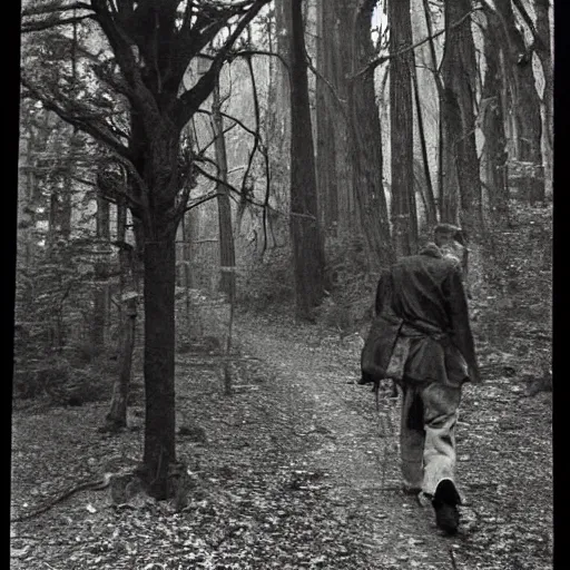 Image similar to old photograph of a monster walking through an eerie forest behind a hiker