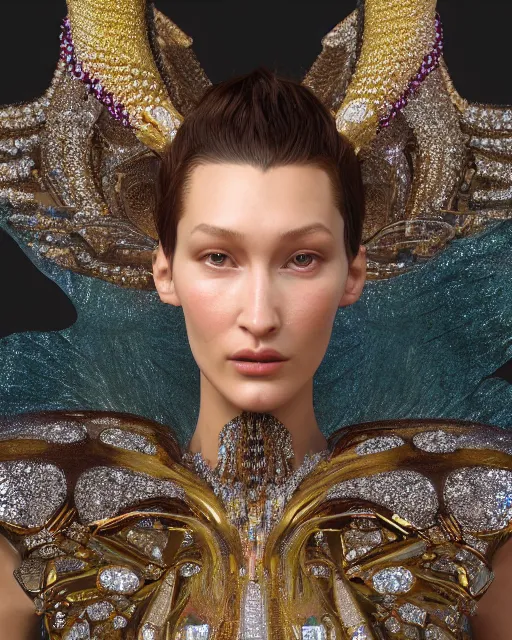 Image similar to a highly detailed metahuman 8 k close up render of bella hadid evangelion renaissance in iris van herpen dress schiaparelli in diamonds crystals swarovski and jewelry iridescent in style of alphonse mucha gustav klimt trending on artstation made in unreal engine 4