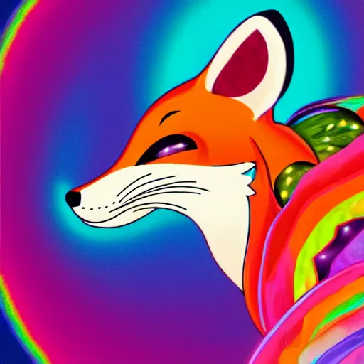 Image similar to digital art in the style of Lisa frank, depicting, anthropomorphic fox furry with their eyes closed, dreaming of pastel rainbows and happy thoughts, trending on FurAffinity