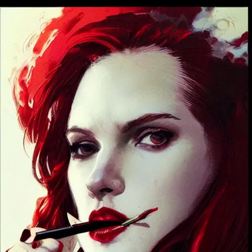 Image similar to a beautiful artwork portrait of a woman with white shirt and red hair smoking a cigarette by Jerome Opeña, featured on artstation