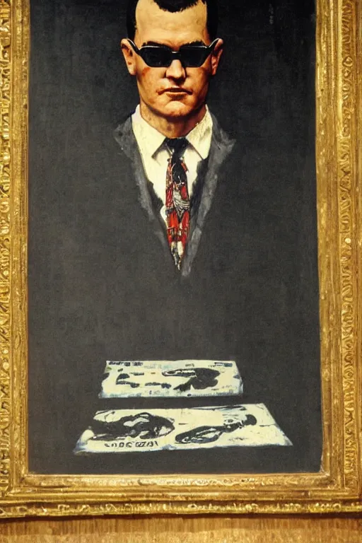 Image similar to a closer personal portrait of the zodiac killer, very charismatic. in the old ancient temple of luxor. masterpiece, dark. painted by norman rockwell and james gurney