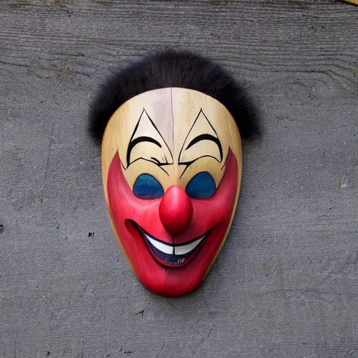 Image similar to wooden clown mask with long fang like incisors