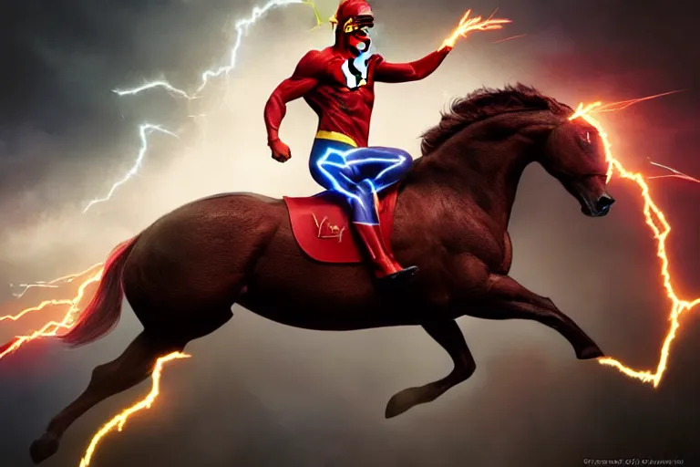 Image similar to a stunning digital painting of a horse as the flash in spandex costume, running in the speedforce by greg rutkowski, volumetric light, digital art, fine detail, photorealistic