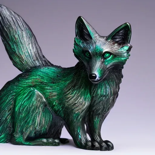 Prompt: Emerald Fox sculpture with glowing purple eyes