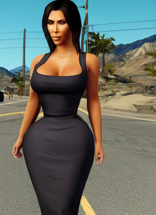 Prompt: game still of kim kardashian in a gta loading screen.