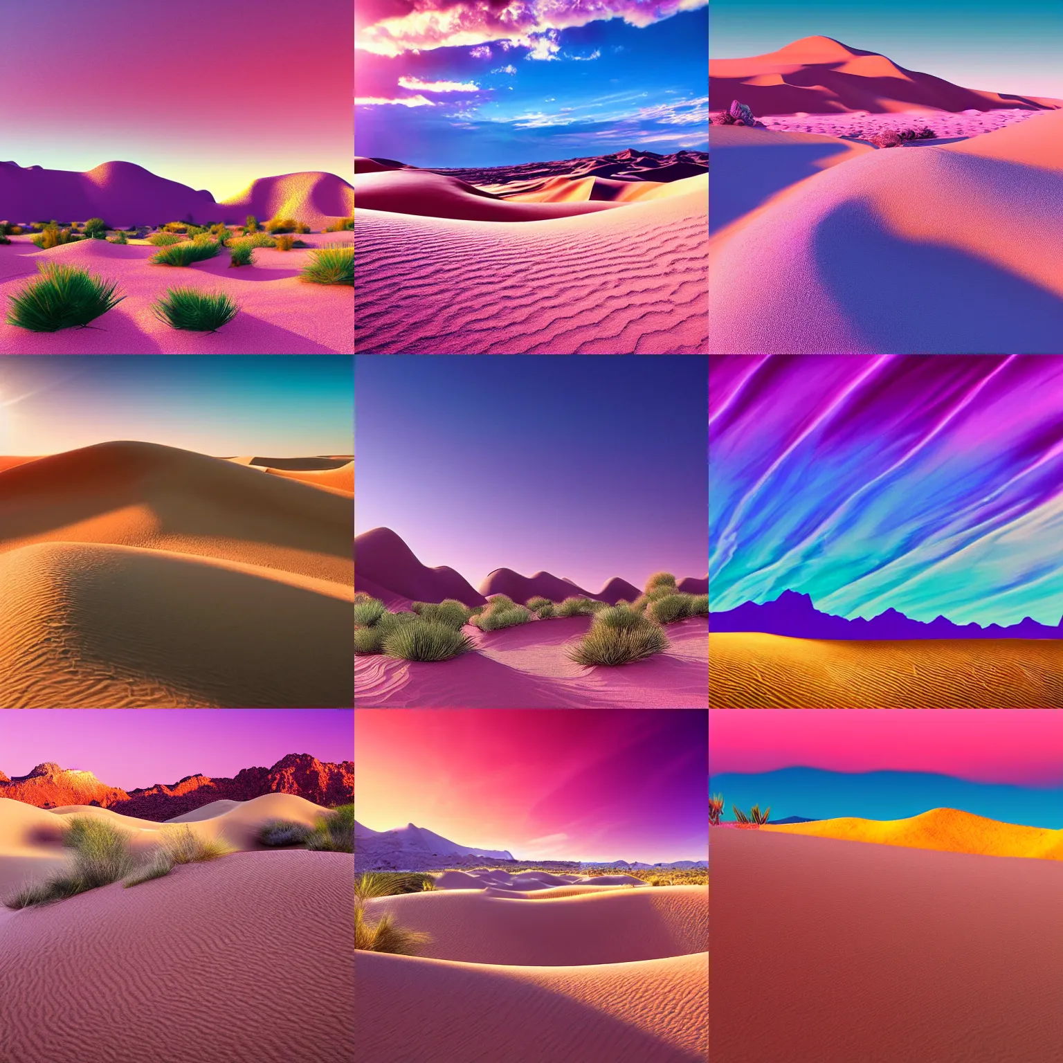 Prompt: desert dunes with crystal mountains on the background, pink and purple, artistic, fantasy, dramatic light, highly detailed, wide shot, photorealistic, golden hour, oasis infront