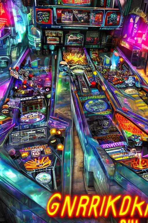 Prompt: pinball poster, theme is cyberpunk city market, tripmachines, realistic digital art, 3 d render of two huge futuristic steampunk generators inside a cyberpunk machine, 8 k, fluorescent colors, halluzinogenic, multicolored, exaggerated detailed, unreal engine