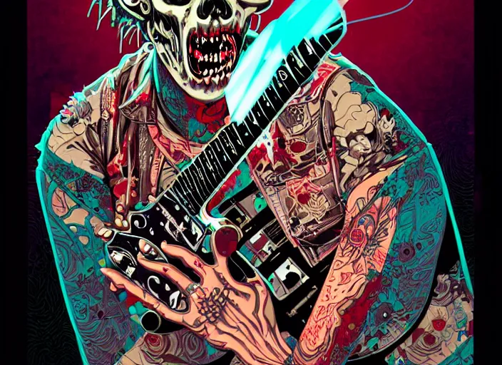 Image similar to a zombie punk rocker with a mohawk playing electric guitar, tristan eaton, victo ngai, artgerm, rhads, ross draws, rule of thirds by francis tneh