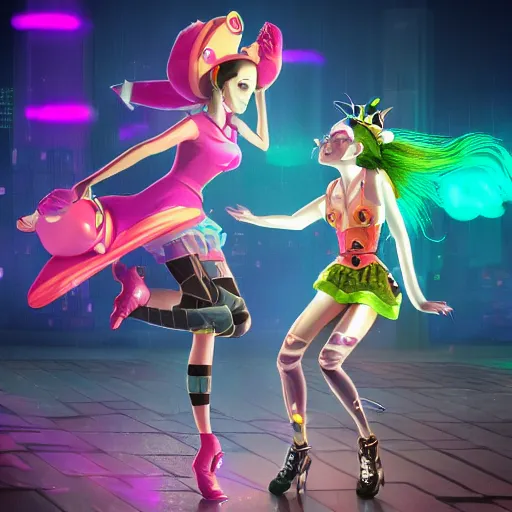 Image similar to a girl like jinx and Princess peach, dancing, background jet ground radio, fullshot, raytrayced, octane render, epic composition, intricate details, dark neon punk, by myanko