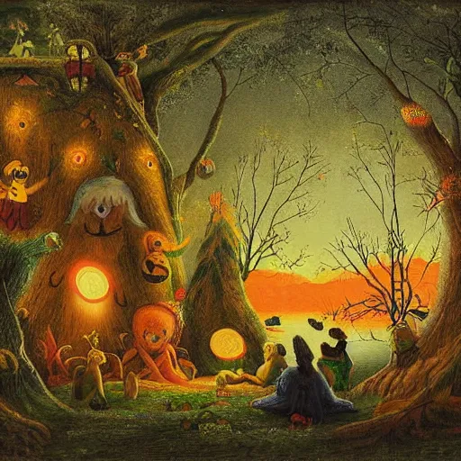 Image similar to a night carnival around a magical tree cavity, with a surreal orange moonlight and fireworks in the background, next to a lake with iridiscent water, christmas lights, folklore animals and people disguised as fantastic creatures sitting on sofas and couch in a magical forest by summer night, masterpiece painted by jean - baptiste perronneau, dark night environment