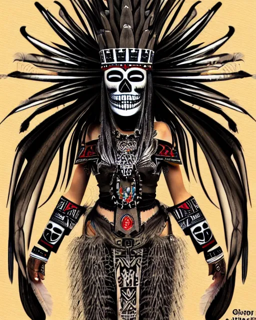 Image similar to character design, aztec warrior goddess with beautiful skull face, crown of very long feathers, full body, glowing aztec tattoos, beautiful, dark fantasy by hr giger