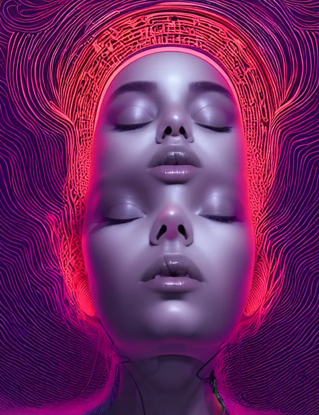 Image similar to 3 d goddess of music and 🔊 wide angle portrait with musical notes, headphones, subwoofers, and speakers. music, wave frequencies, cymatics. auditory symbiogenesis, synaesthesia, polyphonic communication, sonic projection, artwork by tooth wu and android jones wlop and android jones and beeple and greg rutkowski