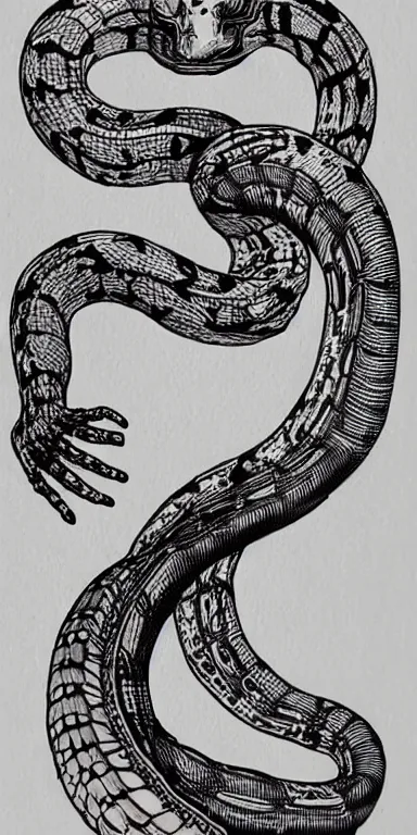 Prompt: surreal snake skeleton ink illustration highly detailed beautiful concept art bw