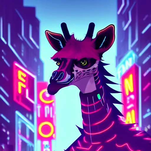 Prompt: beautiful furry digital art portrait commission of an androgynous furry anthro giraffe fursona wearing punk clothes in the streets of a cyberpunk city. neon signs. character design by charlie bowater, ross tran, artgerm, and makoto shinkai
