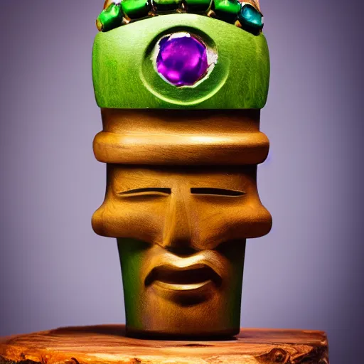 Prompt: a dslr photo of a tiki head made of gemstones sitting on a wooden table in a studio, realistic, trending on artstation