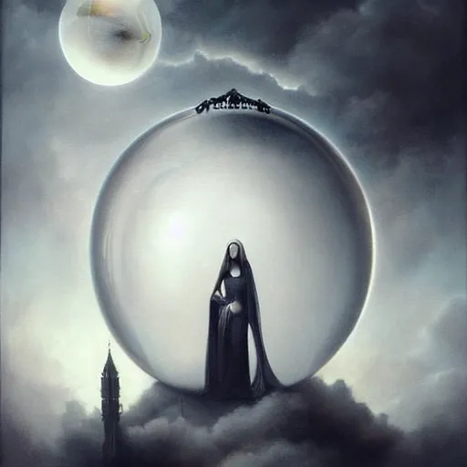 Prompt: By Tom Bagshaw, ultra realist soft painting of a curiosities carnival gigantic transparent glass sphere by night, sofia verga in full gothic dress, symmetry accurate features, very intricate details, omnious sky, black and white, volumetric light clouds