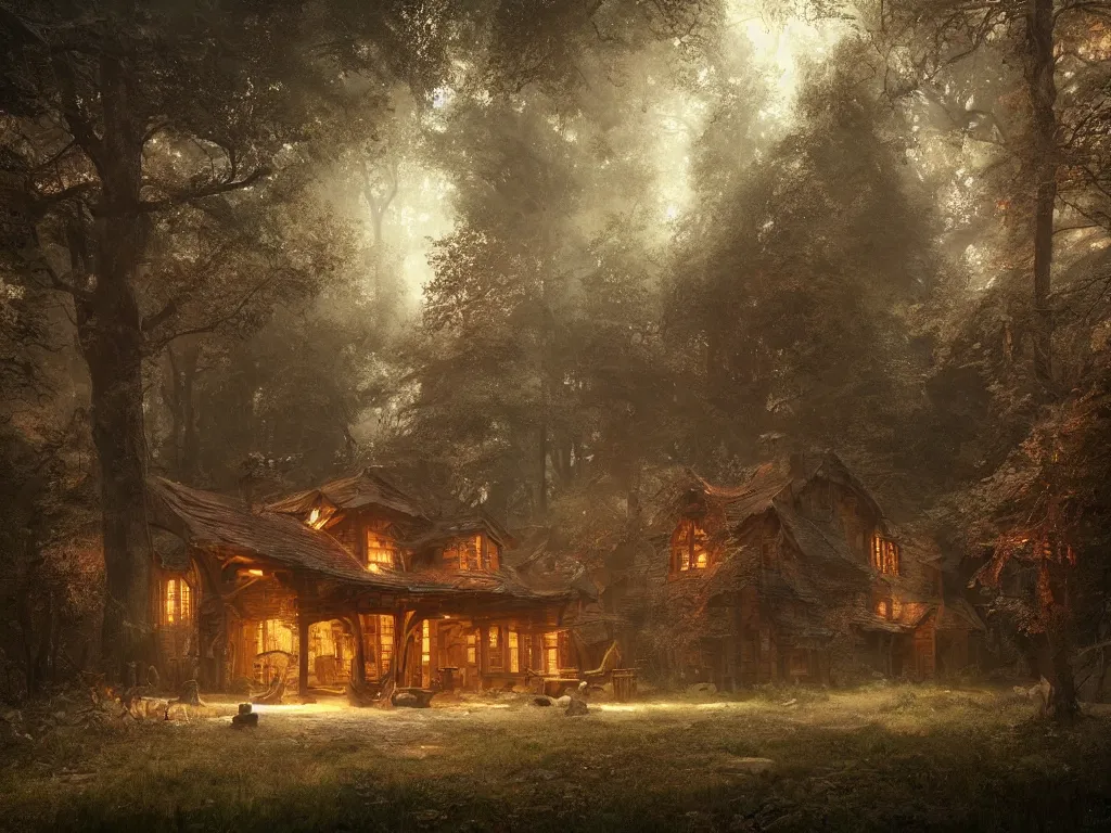 Prompt: a wooden house in an enchanted wood, by greg rutkowski and marc simonetti, digital art, realistic painting, very detailed, cinematic lighting, volumetric lighting 4 k, octane render, trending on artstation