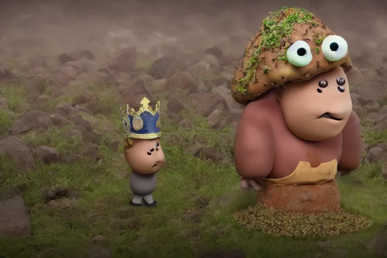 Prompt: the potato king which is a potato appears before the large crowd of his subjects in all his glory wearing his crown, concept art, blender, glossy googly eyes, realistic dirt.