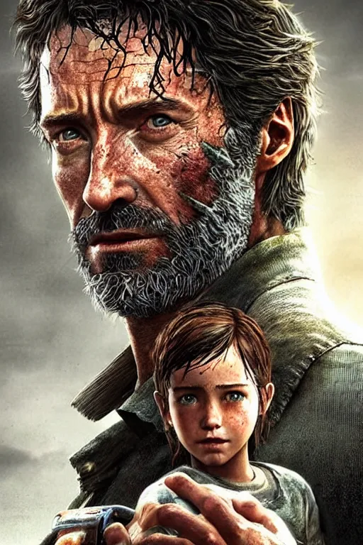 Image similar to realistic photo of Hugh Jackman as Joel in The Last of Us, highly detailed portrait,