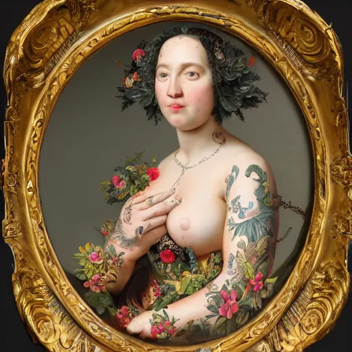 Image similar to ultra detailed, 4 k portrait of a tattooed woman in baroque dress, fully dressed by rachel ruysch