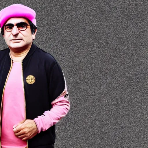 Image similar to jafar panahi, clean shaven, wearing an umbro pink tracksuit and gold necklace with large star shaped intricate gold medallion