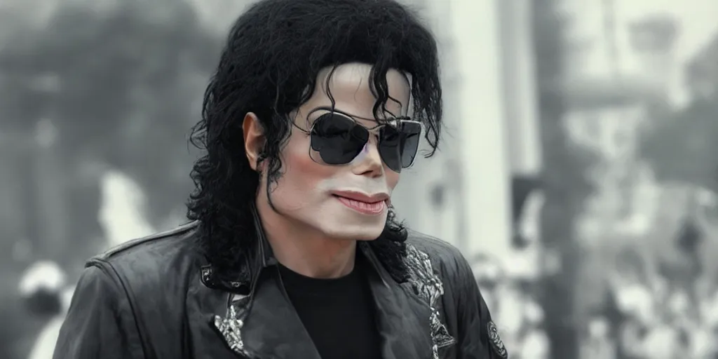 Image similar to michael jackson by himself 2 0 0 9 style wearing shades, studio solo, this is it style, photo real, pores, motion blur, solo, by himself, heroic pose, real life, spotted, ultra realistic face, accurate, 4 k, movie still, uhd, sharp, detailed, cinematic, render, modern