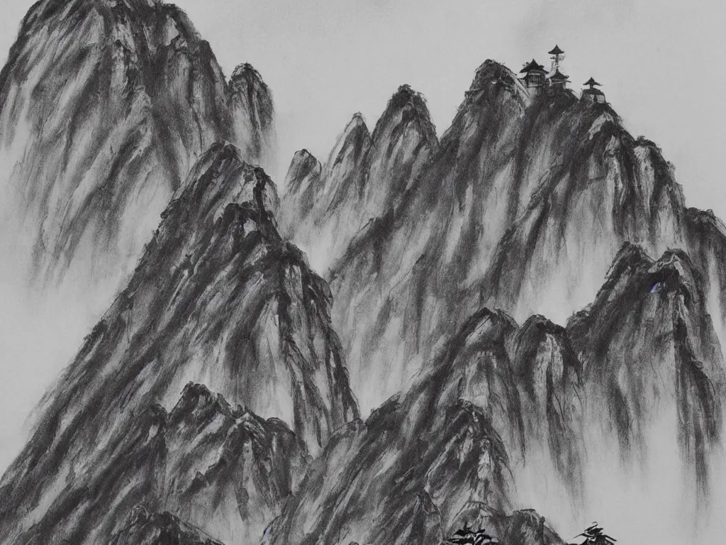 Image similar to a beautiful black ink painting of the mountainous landscape of huangshan with a buddisht temple on the hilltop on a rainy day, with a monk with a walking stick. closeup