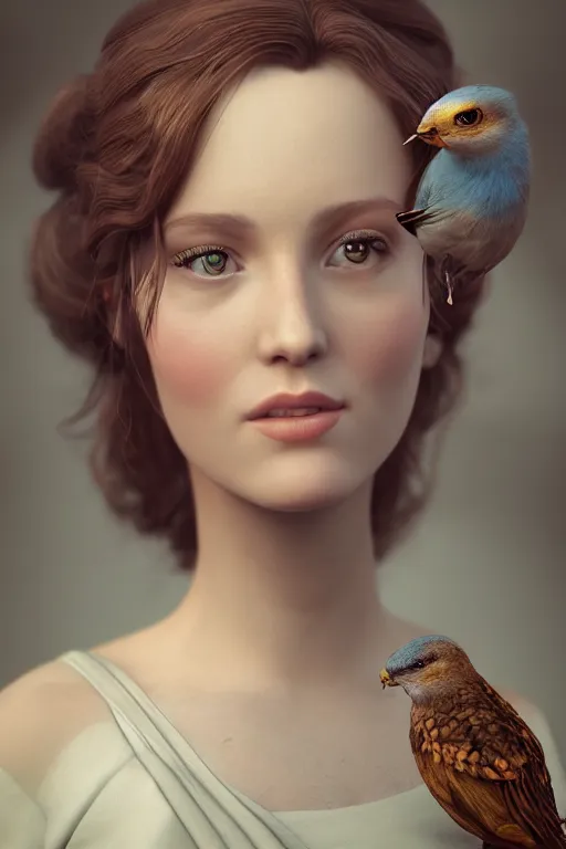 Image similar to close up 3 d render of english princess holding birds, beautiful face, realistic face, closeup, ornaments, mucha vibe, dieselpunk, solarpunk, artstation, andrei riabovitchev