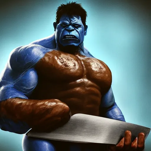 Image similar to a blue hulk holding a giant meat cleaver, blue skin, muskular, artwork, cinematic, mystic, highly detailed