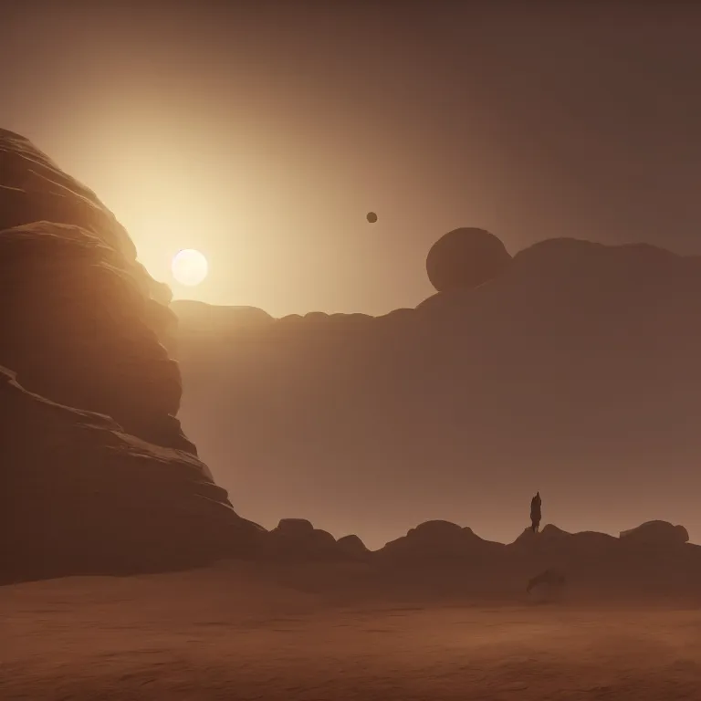 Image similar to singularity, lonely silhouette on a desert planet with three moons, highly detailed rock formations, sand storm, low camera angle, atmospheric establishing shot, cinematic lighting, octane renderer, 4k,