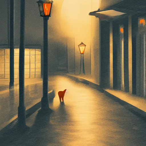 Image similar to a cute orange tabby cat on a sidewalk, it is night and raining, street lamps are illuminating the street, moody lighting, peaceful atmosphere, digital art, highly detailed, high contrast, beautiful lighting, award winning, trending on art station, 8 k,