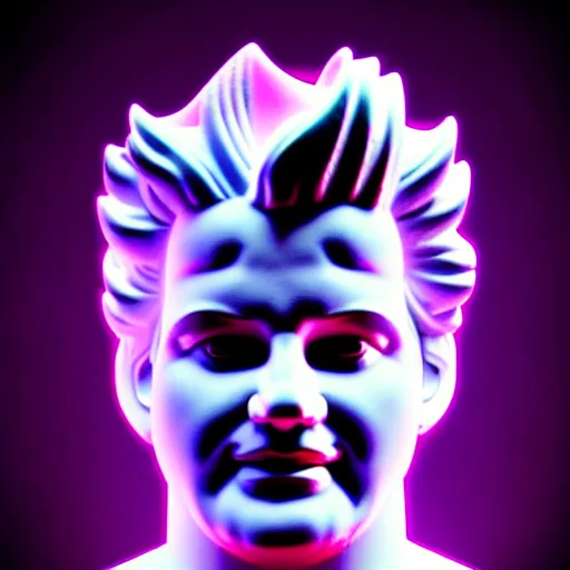 Image similar to sci - fi cgartist wide shot anaglyph ambient occlusion rendering of a hyper realistic marble greek statuary regal god head resembling guy fieri glowing with embedded vaporwave leds product photo high key colored lighting, trending on artstation volumetric lighting