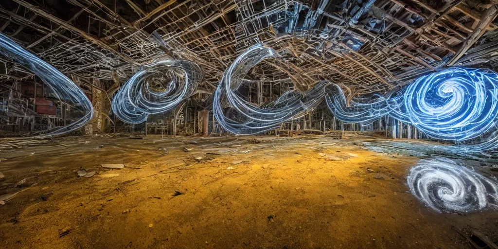 Prompt: flowing lightpainting helix swirling around, unfinished building building chapel nature urbex abandoned industrial architecture, reclaimed by nature, puddle reflections!, night time, highly detailed, photorealistic, neon rim lighting, reflections, smooth, sharp focus, ultrawide, trending on artstation