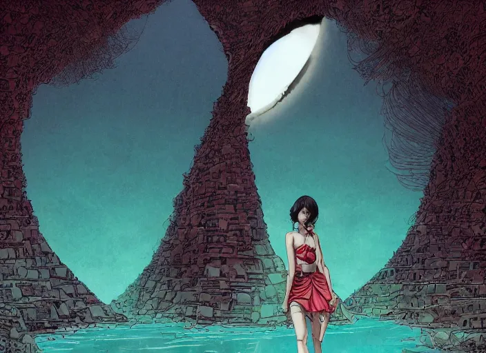 Prompt: lee jin - eun in luxurious dress emerging from turquoise water in egyptian pyramid city during an eclipse by android james, conrad roset, m. k. kaluta, martine johanna, rule of thirds, elegant look, beautiful, chic