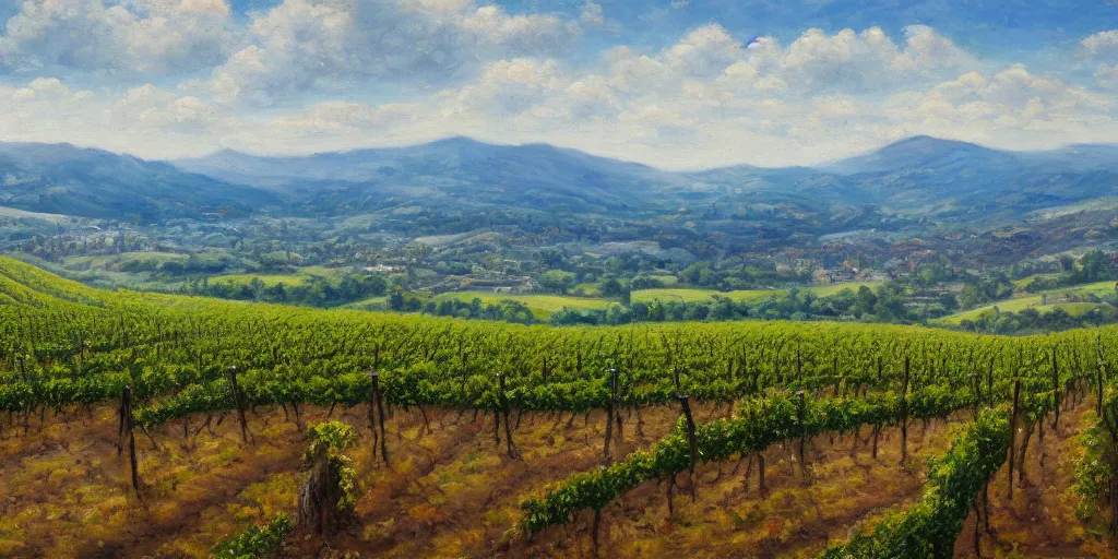 Prompt: a beautiful landscape painting of a sprawling vista with vineyards, by zohar flax, oil on canvas, highly detailed, hd, 4 k