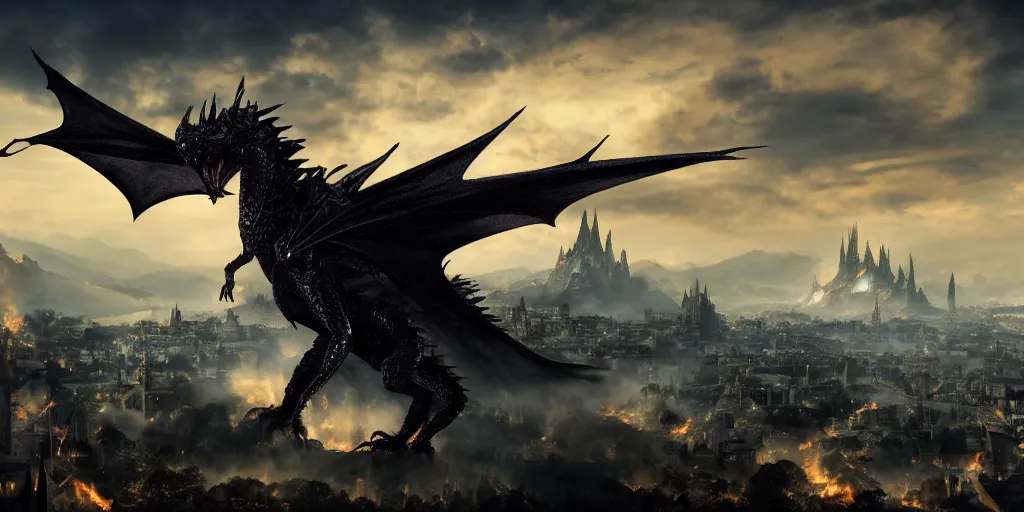 Prompt: a fire-breathing black dragon in the sky above a midieval city, Landscape view, lord of the rings, 4k, cinematic lighting, cinematic composition