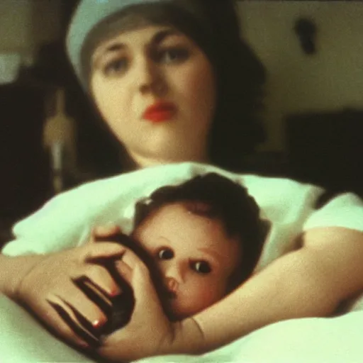 Image similar to woman who has given birth to a squishy inflatable baby, in hospital bed, French film, archival footage, technicolor film expired film, 16mm