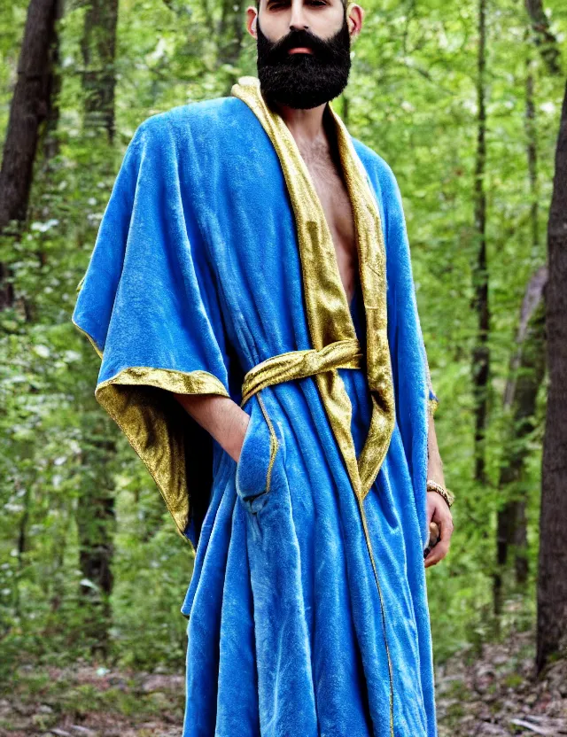 Prompt: longshot modern ancient greek chiton cloak chiseled chin full beard shaved head nature creek river in the woods marc jacobs versace gold cerulean blue paisely intricate detailed handsewn textile robes chains