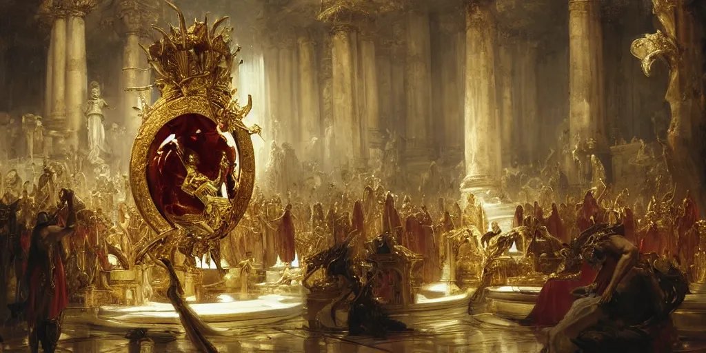 Prompt: beautiful oil painting, high details, alien in royal crimson robes enthroned as the alien god emperor of ancient civilization surrounded by servants in gilded halls a golden wreath upon his head, by anders zorn, wonderful masterpiece by greg rutkowski, beautiful cinematic light, american romanticism, by thomas lawrence, greg rutkowski