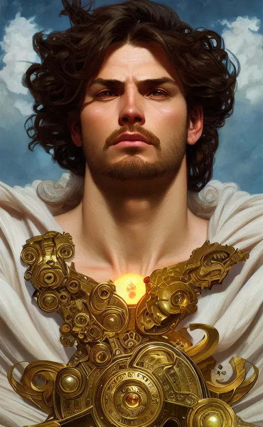 Image similar to portrait of the god jupiter, greek mythology, intricate, headshot, highly detailed, digital painting, artstation, concept art, sharp focus, cinematic lighting, illustration, art by artgerm and greg rutkowski, alphonse mucha, cgsociety