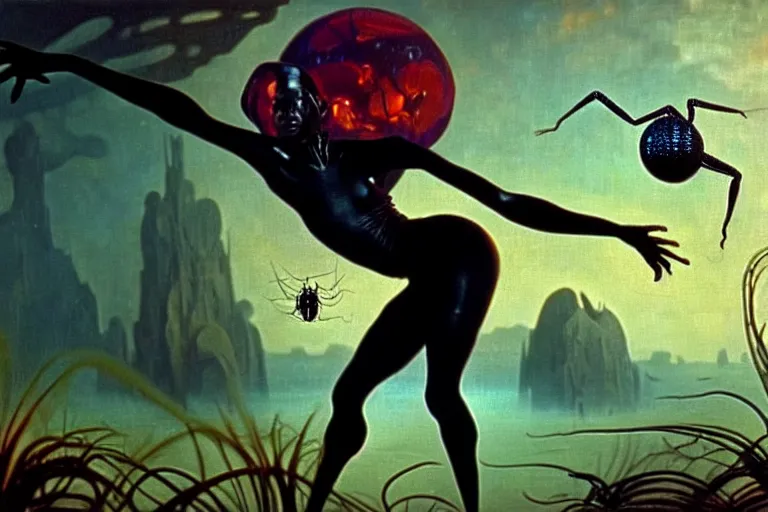 Prompt: realistic detailed portrait movie shot of a beautiful black woman dancing with a giant spider, futuristic sci fi landscape background by denis villeneuve, jean deville, yves tanguy, ernst haeckel, alphonse mucha, max ernst, caravaggio, roger dean, sci fi necklace, fashion, masterpiece, rich moody colours