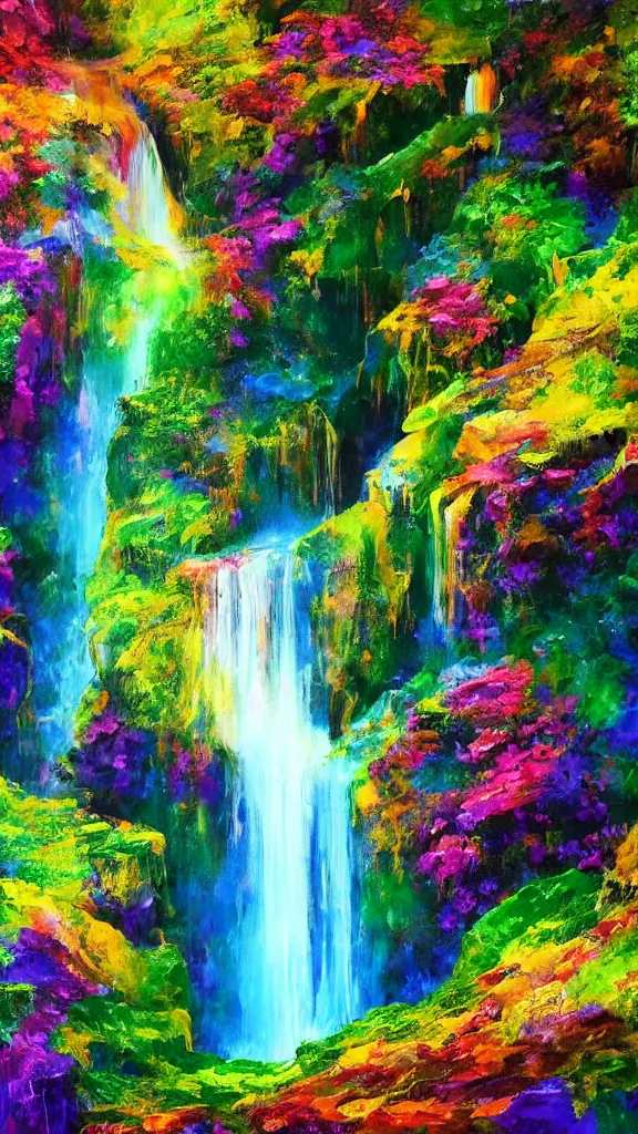 Image similar to high quality psychedelic waterfall background, painted with oil paints, hypperrealism, hd 4 k artstation